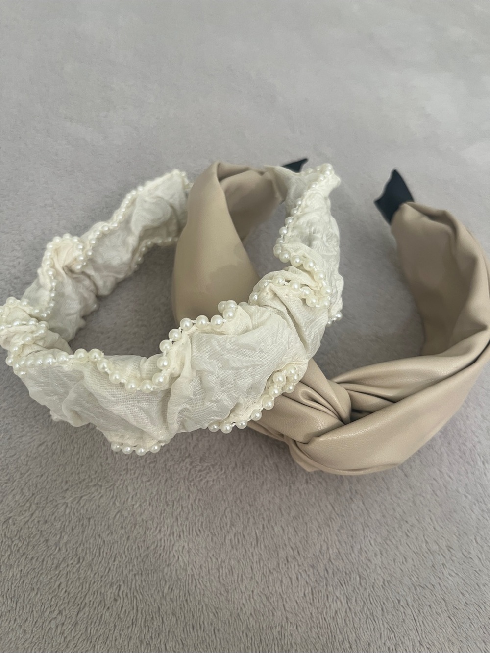Cream Pearl Trim and Beige Knot Headband Set